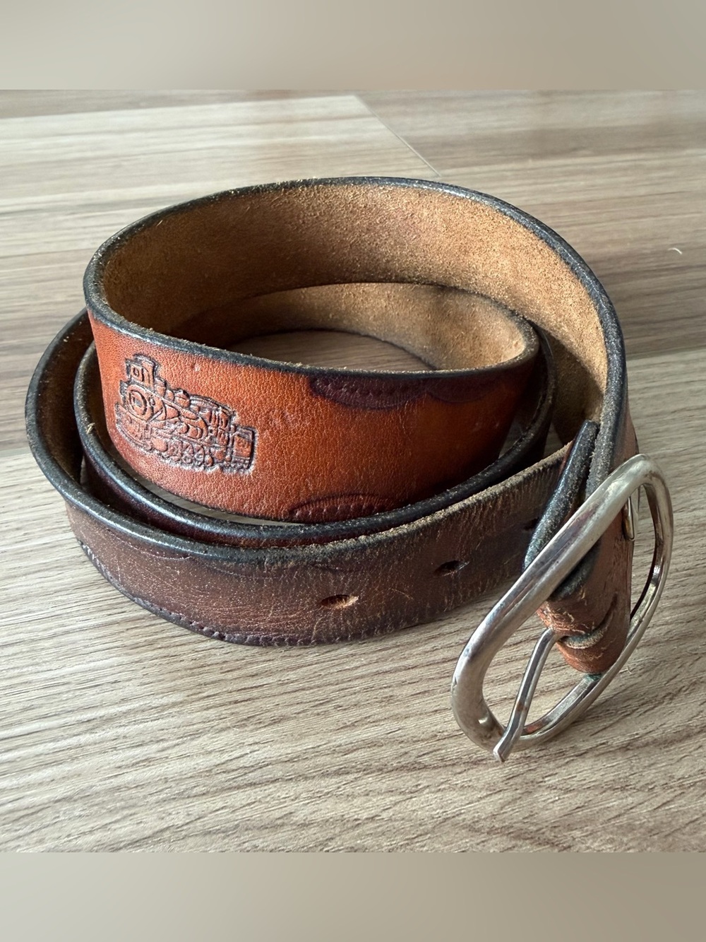 Vintage Brown Leather Train Embossed Belt